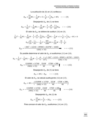 UNIVERSIDAD NACIONAL AUTÓNOMA DE MÉXICO
FACULTAD DE ESTUDIOS SUPERIORES ARAGÓN

La sustitución de (8) en (4) conlleva a
𝑅 𝐴𝑌 +

23
1
1
1
𝑊𝐿 −
𝑊 + 5 + 𝐿 + 𝑅 𝐴𝑋 = 𝑊𝐿
48
10
8
2

− − − (9)

Despejando 𝑅 𝐴𝑌 de (1) se tiene
1 2
1
8
1
4
𝐿
𝐿 −
𝑊𝐿 −
𝑊 − + ( + ) 𝑅 𝐴𝑋
56
70
105
7
7 14

𝑅 𝐴𝑌 =

− − − (10)

El valor de 𝑅 𝐴𝑋 se obtiene de sustituir (10) en (9).
1 2
1
8
1
4
𝐿
23
1
1
1
𝐿 −
𝑊𝐿 −
𝑊 − + ( + ) 𝑅 𝐴𝑋 +
𝑊𝐿 −
𝑊 + 5 + 𝐿 + 𝑅 𝐴𝑋 − 𝑊𝐿 = 0
56
70
105
7
7 14
48
10
8
2
15
𝐿
1 2
899
37
34 1
𝑅 𝐴𝑋 ( + ) = −
𝐿 +
𝑊𝐿 +
𝑊−
− 𝐿
14 14
56
1680
210
7 8

𝑅 𝐴𝑋 =

−30𝐿2 − 𝐿(210 − 899𝑊 ) + 8(37𝑊 − 1020)
120( 𝐿 + 15)

− − − (11)

Es posible determinar el valor de 𝑅 𝐴𝑌 si sustituimos (11) en (10).
𝑅 𝐴𝑌 =

1 2
1
8
1
4
𝐿
−30𝐿2 − 𝐿(210 − 899𝑊) + 8(37𝑊 − 1020)
𝐿 −
𝑊𝐿 −
𝑊 − + ( + )(
)
56
70
105
7
7 14
120(𝐿 + 15)

𝑅 𝐴𝑌 =

13189𝑊 + 11760 25𝐿𝑊 175𝑊 + 288
+
−
240( 𝐿 + 15)
48
48

− − − (12)

Despejando 𝑅 𝐺𝑌 de (4) se tiene
𝑅 𝐺𝑌 = 𝑊𝐿 − 𝑅 𝐴𝑌

− − − (13)

El valor de 𝑅 𝐺𝑌 se calcula sustituyendo (12) en (13).
𝑅 𝐺𝑌 = 𝑊𝐿 − (
𝑅 𝐺𝑌 = −

13189𝑊 + 11760 25𝐿𝑊 175𝑊 + 288
)
+
−
240( 𝐿 + 15)
48
48

13189𝑊 + 11760 23𝐿𝑊 175𝑊 + 288
+
+
240( 𝐿 + 15)
48
48

− − − (14)

Despejando 𝑅 𝐺𝑋 de (2) da
𝑅 𝐺𝑋 =

13
1
𝑊𝐿 + 𝐿 − 2𝑅 𝐺𝑌 − − − (15)
12
2

Para conocer el valor de 𝑅 𝐺𝑋 sustituimos (14) en (15).

365

 