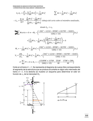 PROBLEMARIO DE ANÁLISIS DE ESTRUCTURAS ISOSTÁTICAS
E HIPERESTÁTICAS PARA VIGAS, MARCOS Y ARMADURAS EN R 2

2
1
1
2
3
𝑥̅2´ 𝐴2´ = ( 𝑥1 ) (
𝑊𝑥1 ) =
𝑊𝑥1
3
80
120
∴ 𝑥̅1𝑐

∑ 𝑥̅ 𝐴 =

1
1
2
3
𝑊𝑥1 −
𝑊𝑥1
20
240

1
1
2
3
∑ 𝑥̅ 𝐴 20 𝑊𝑥1 − 240 𝑊𝑥1
=
=
𝑑𝑒𝑏𝑎𝑗𝑜 𝑑𝑒𝑙 𝑐𝑜𝑟𝑡𝑒 𝑠𝑜𝑏𝑟𝑒 𝑒𝑙 𝑚𝑖𝑒𝑚𝑏𝑟𝑜 𝑎𝑛𝑎𝑙𝑖𝑧𝑎𝑑𝑜,
1
1
∑ 𝐴
2
10 𝑊𝑥1 − 80 𝑊𝑥1
𝑑𝑜𝑛𝑑𝑒 𝑥̅1 𝑐 < 𝑥1 .

−30𝐿2 − 𝐿(210 − 899𝑊 ) + 8(37𝑊 − 1020)
+ ∑ 𝑀𝑐𝑜𝑟𝑡𝑒 = 0 ⇒ −𝑀1 − (
) ( 𝑥1 )
120( 𝐿 + 15)
1
1
2
3
1
1
20 𝑊𝑥1 − 240 𝑊𝑥1 ) = 0
2
+(
𝑊𝑥1 −
𝑊𝑥1 ) (
1
1
10
80
2
𝑊𝑥1 − 80 𝑊𝑥1
10
𝑀1 = −

𝑉1 =

1
1
30𝐿2 + 𝐿 (210 − 899𝑊 ) − 8(37𝑊 − 1020)
3
2
𝑊𝑥1 +
𝑊𝑥1 + (
) ( 𝑥1 )
240
20
120( 𝐿 + 15)

𝑑𝑀1
1
1
30𝐿2 + 𝐿(210 − 899𝑊 ) − 8(37𝑊 − 1020)
2
=−
𝑊𝑥1 +
𝑊𝑥1 + (
)
𝑑𝑥1
80
10
120( 𝐿 + 15)
+↑ ∑ 𝐹𝑌 = 0 ⇒ 𝑁1 = − (

13189𝑊 + 11760 25𝐿𝑊 175𝑊 + 288
)
+
−
240( 𝐿 + 15)
48
48

Corte en el tramo 𝐵 − 𝐶. Se representa el diagrama de cuerpo libre correspondiente
al segmento de la estructura que se produce al cortarla en algún sitio intermedio del
tramo 𝐵 − 𝐶. A la derecha se muestra un esquema para determinar el valor en
función de 𝑥1 de la intensidad 𝑊2 .

3𝑇/𝑚

𝑊2

𝑐𝑜𝑟𝑡𝑒

𝐵

𝐶

𝐿/2
𝑥1 − 4𝑚

368

 
