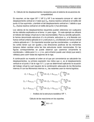 UNIVERSIDAD NACIONAL AUTÓNOMA DE MÉXICO
FACULTAD DE ESTUDIOS SUPERIORES ARAGÓN

6.- Cálculo de los desplazamientos necesarios para el sistema de ecuaciones de
compatibilidad.
En resumen, en las vigas VIF 1, VIF 2 y VIF 3 es necesario conocer el valor del
desplazamiento vertical en 𝐵 dado que 𝑅 𝐵𝑌 (fuerza reactiva vertical en el rodillo del
punto 𝐵) fue suprimida y también el del desplazamiento vertical en 𝐶 debido a que
𝑅 𝐶𝑌 (fuerza reactiva vertical en el rodillo del punto 𝐶) fue eliminada.
Los valores de los desplazamientos requeridos pueden obtenerse con cualquiera
de los métodos explicados en el tema 1.6 para vigas. En este ejemplo se utilizará
el método del trabajo virtual (es lo más recomendable). Para su sencilla aplicación,
le hemos denominado estructura 𝑀 a la primaria, estructura 𝑚1 a la liberada con
fuerza vertical unitaria aplicada en 𝐵 y estructura 𝑚2 a la liberada con fuerza vertical
unitaria aplicada en 𝐶. Es importante recordar que las coordenadas 𝑥 a emplear en
los cortes tienen que ser iguales y las direcciones positivas de los momentos
tampoco deben cambiar entre las tres estructuras recién mencionadas. En las
figuras correspondientes se puede observar que usaremos únicamente la
coordenada 𝑥 válida para 0 ≤ 𝑥 ≤ 6𝑚, pero el lector puede usar otra(s) que sea(n)
válida(s) para cubrir todas las regiones de la viga.
A continuación se muestra el orden en el que por conveniencia se calcularán los
desplazamientos. La primera expresión nos indica que 𝑑1 es el desplazamiento
vertical en el punto 𝐵 de la viga 𝑉𝐼𝐹 1 y que se determinará aplicando la ecuación
del trabajo virtual la cual requiere de la combinación adecuada de los Momentos
internos 𝑀 con los Momentos internos 𝑚1 ; las restantes usan la misma logística.
𝐿2

𝑑1 = 𝛿 𝑉𝐵 𝑉𝐼𝐹1 = ∫

𝐿1

𝐿2

𝑓11 = 𝛿 𝑉𝐵 𝑉𝐼𝐹2 = ∫

𝐿1
𝐿2

𝑓12 = 𝛿 𝑉𝐵 𝑉𝐼𝐹3 = ∫

𝐿1

-

𝐿2

𝑀𝑚1
𝑑𝑥 ; 𝑑2 = 𝛿 𝑉𝐶
𝐸𝐼

∫
𝑉𝐼𝐹1 =

𝑚1 𝑚1
𝑑𝑥 ; 𝑓21 = 𝛿 𝑉𝐶
𝐸𝐼

𝑉𝐼𝐹2

=∫

𝑉𝐼𝐹3

=∫

𝑚2 𝑚1
𝑑𝑥 ; 𝑓22 = 𝛿 𝑉𝐶
𝐸𝐼

𝐿1

𝑀𝑚2
𝑑𝑥
𝐸𝐼

𝐿2
𝐿1
𝐿2
𝐿1

𝑚1 𝑚2
𝑑𝑥
𝐸𝐼
𝑚2 𝑚2
𝑑𝑥
𝐸𝐼

Análisis de la estructura isostática VIF 1.

Cálculo de las reacciones en los soportes.
+ ∑ 𝑀𝐴 = 0

379

 