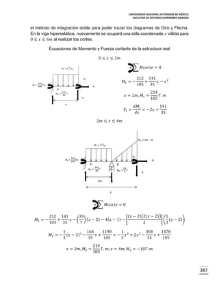 UNIVERSIDAD NACIONAL AUTÓNOMA DE MÉXICO
FACULTAD DE ESTUDIOS SUPERIORES ARAGÓN

el método de integración doble para poder trazar los diagramas de Giro y Flecha.
En la viga hiperestática, nuevamente se ocupará una sóla coordenada 𝑥 válida para
0 ≤ 𝑥 ≤ 6𝑚 al realizar los cortes.
Ecuaciones de Momento y Fuerza cortante de la estructura real
0 ≤ 𝑥 ≤ 2𝑚
+ ∑ 𝑀𝑐𝑜𝑟𝑡𝑒 = 0
𝑀1 = −

212 141
+
𝑥 − 𝑥2
105 35

𝑥 = 2𝑚, 𝑀1 =
𝑉1 =

214
𝑇. 𝑚
105

𝑑𝑀1
141
= −2𝑥 +
𝑑𝑥
35

2𝑚 ≤ 𝑥 ≤ 4𝑚

+ ∑ 𝑀𝑐𝑜𝑟𝑡𝑒 = 0
𝑀2 = −

( 𝑥 − 2)(2( 𝑥 − 2)) 1
212 141
33
] ( ( 𝑥 − 2))
+
𝑥 − ( ) ( 𝑥 − 2) − 4( 𝑥 − 1) − [
105 35
7
2
3
1
164
1198
1
304
1478
𝑀2 = − ( 𝑥 − 2)3 −
𝑥+
= − 𝑥 3 + 2𝑥 2 −
𝑥+
3
35
105
3
35
105
𝑥 = 2𝑚, 𝑀2 =

214
𝑇. 𝑚; 𝑥 = 4𝑚, 𝑀2 = −10𝑇. 𝑚
105

387

 