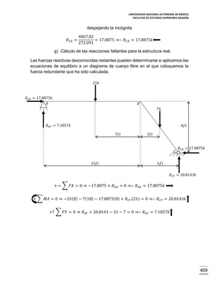 UNIVERSIDAD NACIONAL AUTÓNOMA DE MÉXICO
FACULTAD DE ESTUDIOS SUPERIORES ARAGÓN

despejando la incógnita
𝑅 𝐶𝑋 =

4867.02
= 17.8875 ⇒∴ 𝑅 𝐶𝑋 = 17.8875𝑘
272.091

g) Cálculo de las reacciones faltantes para la estructura real.
Las fuerzas reactivas desconocidas restantes pueden determinarse si aplicamos las
ecuaciones de equilibrio a un diagrama de cuerpo libre en el que coloquemos la
fuerza redundante que ha sido calculada.
21𝑘

𝑅 𝐴𝑋 = 17.8875𝑘
𝐴

𝐵
7𝑘

𝑅 𝐴𝑌 = 7.1857𝑘

8𝑓𝑡
7𝑓𝑡

3𝑓𝑡

𝐶
15𝑓𝑡

𝑅 𝐶𝑋 = 17.8875𝑘

6𝑓𝑡
𝑅 𝐶𝑌 = 20.8143𝑘

+→ ∑ 𝐹𝑋 = 0 ⇒ −17.8875 + 𝑅 𝐴𝑋 = 0 ⇒∴ 𝑅 𝐴𝑋 = 17.8875𝑘
+ ∑ 𝑀𝐴 = 0 ⇒ −21(8) − 7(18) − 17.8875(8) + 𝑅 𝐶𝑌 (21) = 0 ⇒∴ 𝑅 𝐶𝑌 = 20.8143𝑘
+↑ ∑ 𝐹𝑌 = 0 ⇒ 𝑅 𝐴𝑌 + 20.8143 − 21 − 7 = 0 ⇒∴ 𝑅 𝐴𝑌 = 7.1857𝑘

409

 
