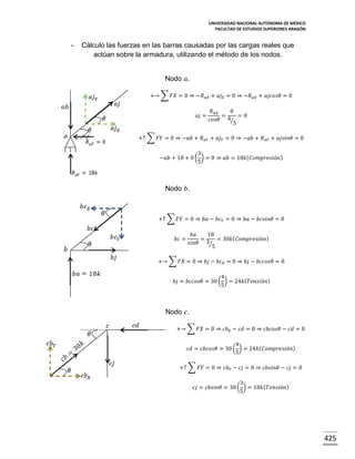 UNIVERSIDAD NACIONAL AUTÓNOMA DE MÉXICO
FACULTAD DE ESTUDIOS SUPERIORES ARAGÓN

-

Cálculo las fuerzas en las barras causadas por las cargas reales que
actúan sobre la armadura, utilizando el método de los nodos.
Nodo 𝑎.
+→ ∑ 𝐹𝑋 = 0 ⇒ −𝑅 𝑎𝑋 + 𝑎𝑗 𝑋 = 0 ⇒ −𝑅 𝑎𝑋 + 𝑎𝑗𝑐𝑜𝑠𝜃 = 0
𝑎𝑗 =

𝑅 𝑎𝑋
0
=
=0
4⁄
𝑐𝑜𝑠𝜃
5

+↑ ∑ 𝐹𝑌 = 0 ⇒ −𝑎𝑏 + 𝑅 𝑎𝑌 + 𝑎𝑗 𝑌 = 0 ⇒ −𝑎𝑏 + 𝑅 𝑎𝑌 + 𝑎𝑗𝑠𝑖𝑛𝜃 = 0
3
−𝑎𝑏 + 18 + 0 ( ) = 0 ⇒ 𝑎𝑏 = 18𝑘( 𝐶𝑜𝑚𝑝𝑟𝑒𝑠𝑖ó𝑛)
5

Nodo 𝑏.

+↑ ∑ 𝐹𝑌 = 0 ⇒ 𝑏𝑎 − 𝑏𝑐 𝑌 = 0 ⇒ 𝑏𝑎 − 𝑏𝑐𝑠𝑖𝑛𝜃 = 0
𝑏𝑐 =

𝑏𝑎
18
=
= 30𝑘( 𝐶𝑜𝑚𝑝𝑟𝑒𝑠𝑖ó𝑛)
𝑠𝑖𝑛𝜃 3⁄
5

+→ ∑ 𝐹𝑋 = 0 ⇒ 𝑏𝑗 − 𝑏𝑐 𝑋 = 0 ⇒ 𝑏𝑗 − 𝑏𝑐𝑐𝑜𝑠𝜃 = 0
4
𝑏𝑗 = 𝑏𝑐𝑐𝑜𝑠𝜃 = 30 ( ) = 24𝑘( 𝑇𝑒𝑛𝑠𝑖ó𝑛)
5

Nodo 𝑐.
+→ ∑ 𝐹𝑋 = 0 ⇒ 𝑐𝑏 𝑋 − 𝑐𝑑 = 0 ⇒ 𝑐𝑏𝑐𝑜𝑠𝜃 − 𝑐𝑑 = 0
4
𝑐𝑑 = 𝑐𝑏𝑐𝑜𝑠𝜃 = 30 ( ) = 24𝑘( 𝐶𝑜𝑚𝑝𝑟𝑒𝑠𝑖ó𝑛)
5
+↑ ∑ 𝐹𝑌 = 0 ⇒ 𝑐𝑏 𝑌 − 𝑐𝑗 = 0 ⇒ 𝑐𝑏𝑠𝑖𝑛𝜃 − 𝑐𝑗 = 0
3
𝑐𝑗 = 𝑐𝑏𝑠𝑖𝑛𝜃 = 30 ( ) = 18𝑘( 𝑇𝑒𝑛𝑠𝑖ó𝑛)
5

425

 
