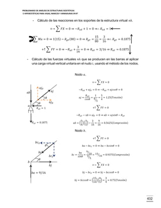 PROBLEMARIO DE ANÁLISIS DE ESTRUCTURAS ISOSTÁTICAS
E HIPERESTÁTICAS PARA VIGAS, MARCOS Y ARMADURAS EN R 2

-

Cálculo de las reacciones en los soportes de la estructura virtual 𝑛ℎ.
+→ ∑ 𝐹𝑋 = 0 ⇒ −𝑅 𝑎𝑋 + 1 = 0 ⇒∴ 𝑅 𝑎𝑋 = 1

+ ∑ 𝑀𝑎 = 0 ⇒ 1(15) − 𝑅 𝑔𝑌 (80) = 0 ⇒ 𝑅 𝑔𝑌 =
+↑ ∑ 𝐹𝑌 = 0 ⇒ −𝑅 𝑎𝑌 +

15
3
=
⇒∴ 𝑅 𝑔𝑌 = 0.1875
80 16

3
= 0 ⇒ 𝑅 𝑎𝑌 = 3/16 ⇒ 𝑅 𝑎𝑌 = 0.1875
16

Cálculo de las fuerzas virtuales 𝑛ℎ que se producen en las barras al aplicar
una carga virtual vertical unitaria en el nudo 𝑖, usando el método de los nodos.

-

Nodo 𝑎.
+→ ∑ 𝐹𝑋 = 0

𝑎𝑗 𝑌

−𝑅 𝑎𝑋 + 𝑎𝑗 𝑋 = 0 ⇒ −𝑅 𝑎𝑋 + 𝑎𝑗𝑐𝑜𝑠𝜃 = 0

𝑎𝑗

𝑎𝑏

𝑎𝑗 =

𝜃
𝑎

𝑎𝑗 𝑋

𝜃

𝑅 𝑎𝑋
1
5
=
= = 1.25( 𝑇𝑒𝑛𝑠𝑖ó𝑛)
4⁄
𝑐𝑜𝑠𝜃
4
5
+↑ ∑ 𝐹𝑌 = 0

𝑅 𝑎𝑋 = 1

−𝑅 𝑎𝑌 − 𝑎𝑏 + 𝑎𝑗 𝑌 = 0 ⇒ 𝑎𝑏 = 𝑎𝑗𝑠𝑖𝑛𝜃 − 𝑅 𝑎𝑌
5 3
3
9
𝑎𝑏 = ( ) ( ) −
=
= 0.5625( 𝐶𝑜𝑚𝑝𝑟𝑒𝑠𝑖ó𝑛)
4 5
16 16

𝑅 𝑎𝑌 = 0.1875

Nodo 𝑏.
+↑ ∑ 𝐹𝑌 = 0

𝑏𝑐 𝑋

𝜃

𝑏𝑎 − 𝑏𝑐 𝑌 = 0 ⇒ 𝑏𝑎 − 𝑏𝑐𝑠𝑖𝑛𝜃 = 0

𝑏𝑐
𝑏

𝜃

𝑏𝑐 𝑌
𝑏𝑗

𝑏𝑎 = 9/16

𝑏𝑐 =

9⁄
𝑏𝑎
= 16 = 15⁄16 = 0.9375( 𝐶𝑜𝑚𝑝𝑟𝑒𝑠𝑖ó𝑛)
3⁄
𝑠𝑖𝑛𝜃
5
+→ ∑ 𝐹𝑋 = 0
𝑏𝑗 − 𝑏𝑐 𝑋 = 0 ⇒ 𝑏𝑗 − 𝑏𝑐𝑐𝑜𝑠𝜃 = 0

𝑏𝑗 = 𝑏𝑐𝑐𝑜𝑠𝜃 = (

15 4
3
) ( ) = = 0.75( 𝑇𝑒𝑛𝑠𝑖ó𝑛)
16 5
4

432

 