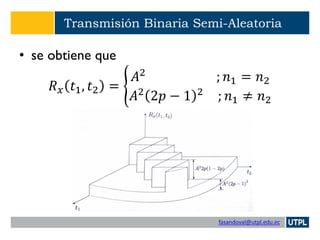 fasandoval@utpl.edu.ec
Transmisión Binaria Semi-Aleatoria
• se obtiene que
𝑅 𝑥 𝑡1, 𝑡2 = ൝
𝐴2
; 𝑛1 = 𝑛2
𝐴2
2𝑝 − 1 2
; 𝑛1 ≠ 𝑛2
 