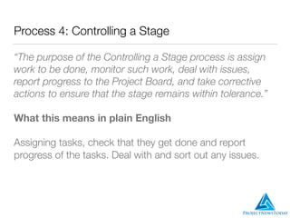 Process 4: Controlling a Stage
“The purpose of the Controlling a Stage process is assign
work to be done, monitor such work, deal with issues,
report progress to the Project Board, and take corrective
actions to ensure that the stage remains within tolerance.”
What this means in plain English
Assigning tasks, check that they get done and report
progress of the tasks. Deal with and sort out any issues.
 