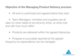 Objective of the Managing Product Delivery process:
	 •	 All work is authorized and agreed before they start
	 •	 Team Managers, members and suppliers are all
clear on what needs to be done by when, at what cost
and with how much effort
	 •	 Products are delivered within the agreed tolerances
	 •	 Progress is accurately reported at the agreed
frequency so expectations can be managed
 