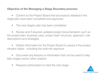 Objective of the Managing a Stage Boundary process:
	 •	 Conﬁrm to the Project Board that all products detailed in the
stage plan have been completed and approved
	 •	 The next stage’s plan has been completed
	 •	 Review and if required updated project documentation such as
the project plan, business case, project team structure, approach, role
descriptions and strategies
	 •	 Gather information for the Project Board to assess if the project
remains viable – including the total risk exposure
	 •	 Document any lessons or information that can be used to help
later stages and/or other projects
	 •	 Request authorization to start the next stage
 