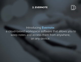 11
Introducing Evernote:
a cloud-based workspace software that allows you to
keep notes and access them from anywhere,
on any device.
2.EVERNOTE
 