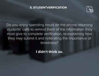 20
Do you enjoy spending hours on the phone returning
students’ calls to remind them of the information they
must give to complete verification, re-explaining how
they may submit it and reiterating the importance of
timeliness?
I didn’t think so.
5. STUDENTVERIFICATION
 