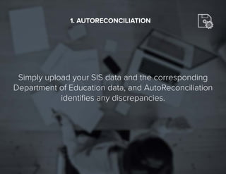 8
Simply upload your SIS data and the corresponding
Department of Education data, and AutoReconciliation
identifies any discrepancies.
1. AUTORECONCILIATION
 