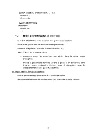 27
[WHEN exception3 [OR exception4 . . .] THEN
statement1;
statement2;
. . .]
[WHEN OTHERS THEN
statement1;
statement2;
. . .]
IV.3 - Règles pour intercepter les Exceptions
• Le mot clé EXCEPTION débute la section de la gestion des exceptions
• Plusieurs exceptions sont permises (définie et pré-définie)
• Une seule exception est exécutée avant de sortir d’un bloc
• WHEN OTHERS est la dernière clause
– Intercepte toutes les exceptions non gérées dans la même section
d’exception
– Utilisez le gestionnaire d’erreurs OTHERS et placez le en dernier lieu après
tous les autres gestionnaire d’erreurs, sinon il interceptera toutes les
exceptions mêmes celle qui sont prédéfinies.
Les erreurs internes d’Oracle pré-définies
• Utiliser le nom standard à l’intérieur de la section Exception
• Les noms des exceptions pré-définies oracle sont regroupées dans ce tableau :
 