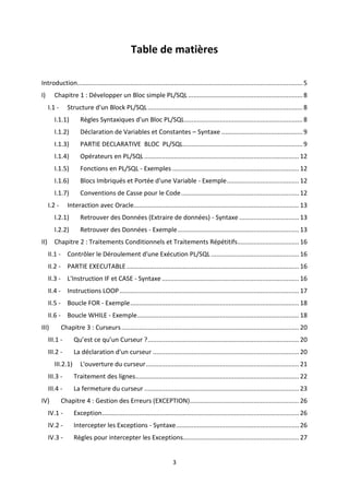 3
Table de matières
Introduction................................................................................................................................ 5
I) Chapitre 1 : Développer un Bloc simple PL/SQL .................................................................8
I.1 - Structure d'un Block PL/SQL........................................................................................8
I.1.1) Règles Syntaxiques d'un Bloc PL/SQL...................................................................8
I.1.2) Déclaration de Variables et Constantes – Syntaxe ..............................................9
I.1.3) PARTIE DECLARATIVE BLOC PL/SQL....................................................................9
I.1.4) Opérateurs en PL/SQL........................................................................................12
I.1.5) Fonctions en PL/SQL - Exemples ........................................................................12
I.1.6) Blocs Imbriqués et Portée d'une Variable - Exemple.........................................12
I.1.7) Conventions de Casse pour le Code...................................................................12
I.2 - Interaction avec Oracle.............................................................................................. 13
I.2.1) Retrouver des Données (Extraire de données) - Syntaxe ..................................13
I.2.2) Retrouver des Données - Exemple.....................................................................13
II) Chapitre 2 : Traitements Conditionnels et Traitements Répétitifs...................................16
II.1 - Contrôler le Déroulement d'une Exécution PL/SQL ..................................................16
II.2 - PARTIE EXECUTABLE..................................................................................................16
II.3 - L'Instruction IF et CASE - Syntaxe..............................................................................16
II.4 - Instructions LOOP......................................................................................................17
II.5 - Boucle FOR - Exemple................................................................................................ 18
II.6 - Boucle WHILE - Exemple............................................................................................ 18
III) Chapitre 3 : Curseurs.....................................................................................................20
III.1 - Qu’est ce qu’un Curseur ?......................................................................................20
III.2 - La déclaration d'un curseur ...................................................................................20
III.2.1) L'ouverture du curseur.......................................................................................21
III.3 - Traitement des lignes............................................................................................. 22
III.4 - La fermeture du curseur ........................................................................................23
IV) Chapitre 4 : Gestion des Erreurs (EXCEPTION).............................................................. 26
IV.1 - Exception................................................................................................................26
IV.2 - Intercepter les Exceptions - Syntaxe......................................................................26
IV.3 - Règles pour intercepter les Exceptions..................................................................27
 