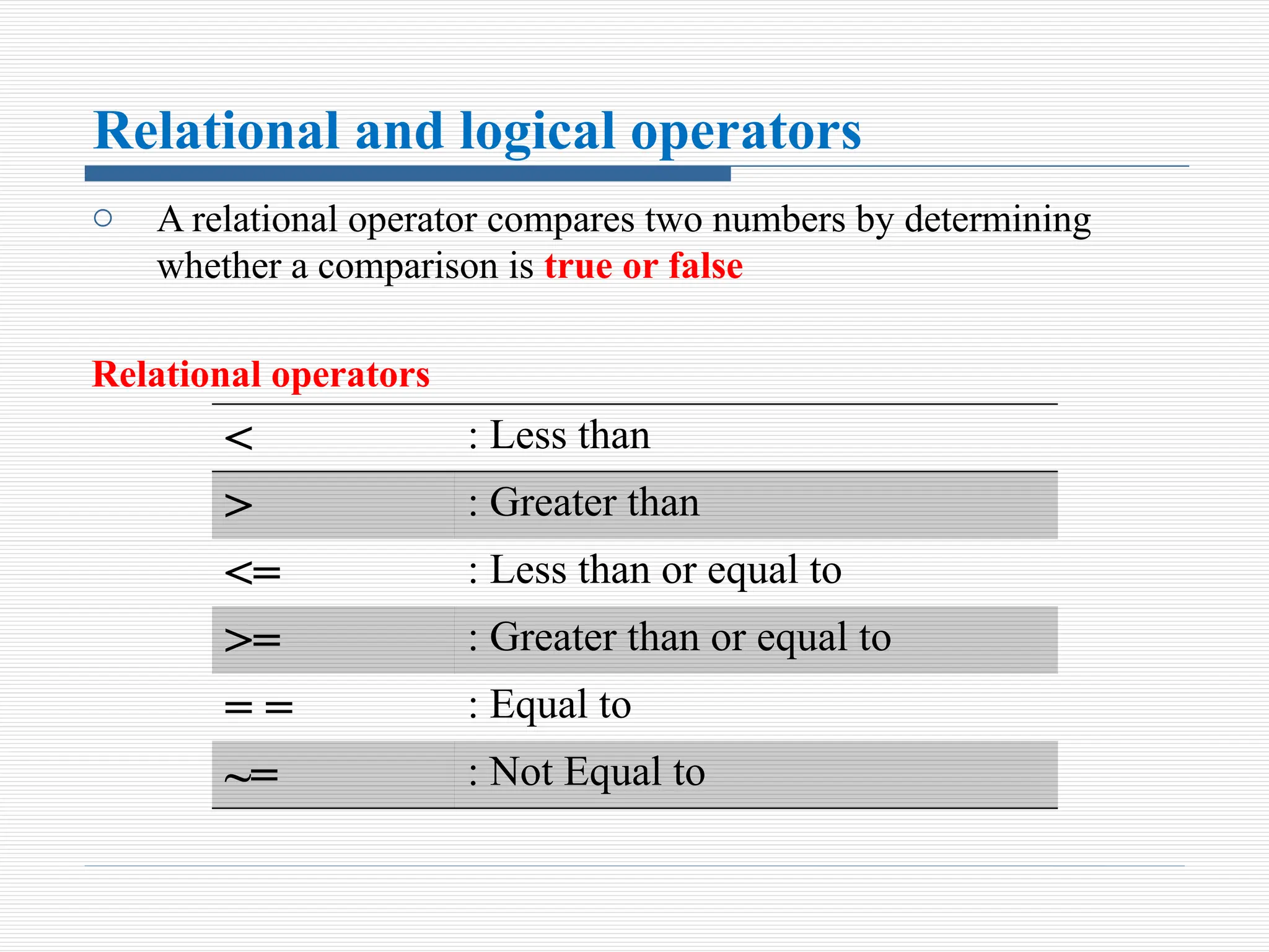 Relational and logical operators
o A relational operator compares two numbers by determining
whether a comparison is true or false
Relational operators
< : Less than
> : Greater than
<= : Less than or equal to
>= : Greater than or equal to
= = : Equal to
~= : Not Equal to
 