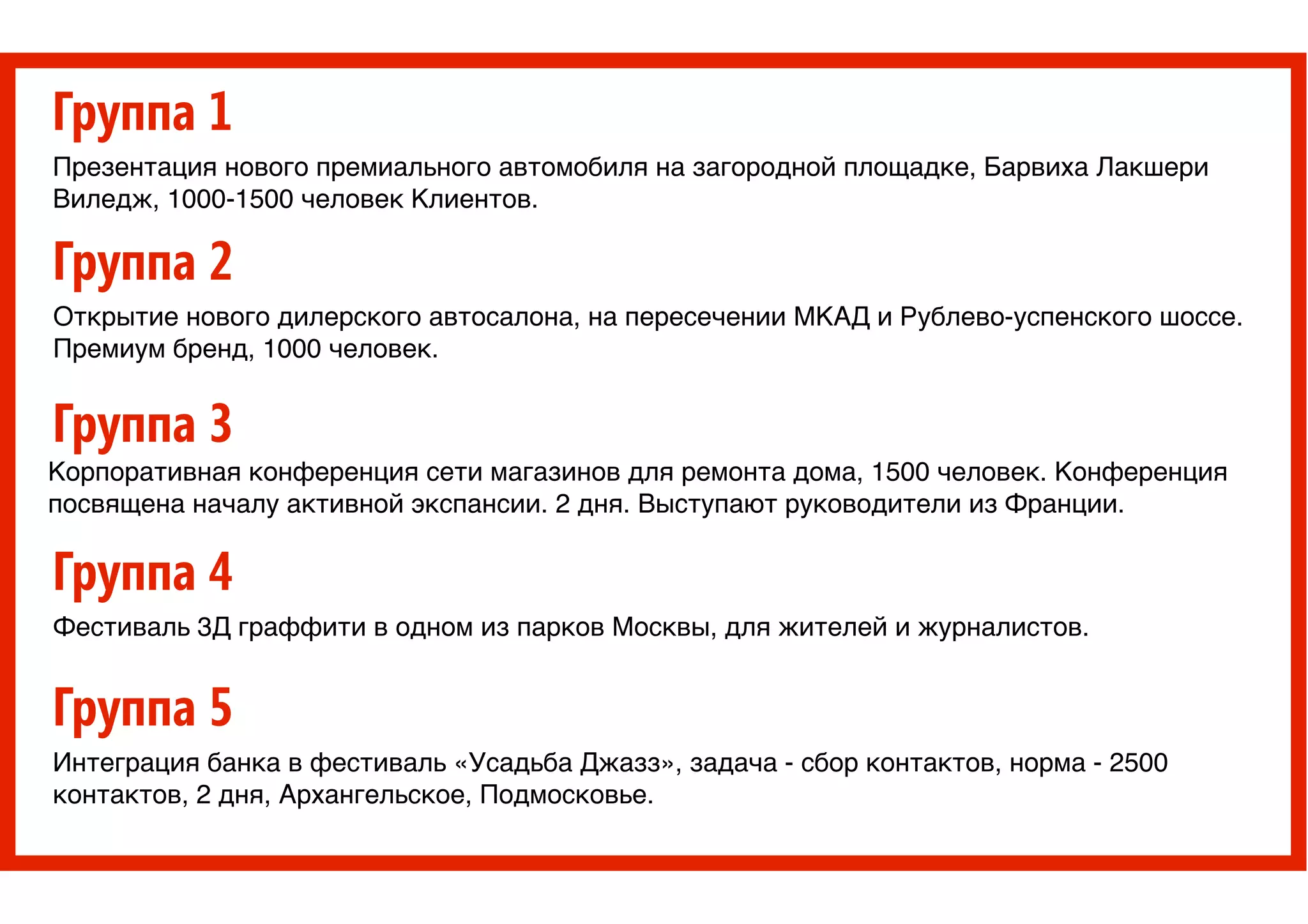 Группа 1
Презентация нового премиального автомобиля на загородной площадке, Барвиха Лакшери
Виледж, 1000-1500 человек Клиентов.
Группа 2
Открытие нового дилерского автосалона, на пересечении МКАД и Рублево-успенского шоссе.
Премиум бренд, 1000 человек.
Группа 3
Корпоративная конференция сети магазинов для ремонта дома, 1500 человек. Конференция
посвящена началу активной экспансии. 2 дня. Выступают руководители из Франции.
Группа 4
Фестиваль 3Д граффити в одном из парков Москвы, для жителей и журналистов.
Группа 5
Интеграция банка в фестиваль «Усадьба Джазз», задача - сбор контактов, норма - 2500
контактов, 2 дня, Архангельское, Подмосковье.
 