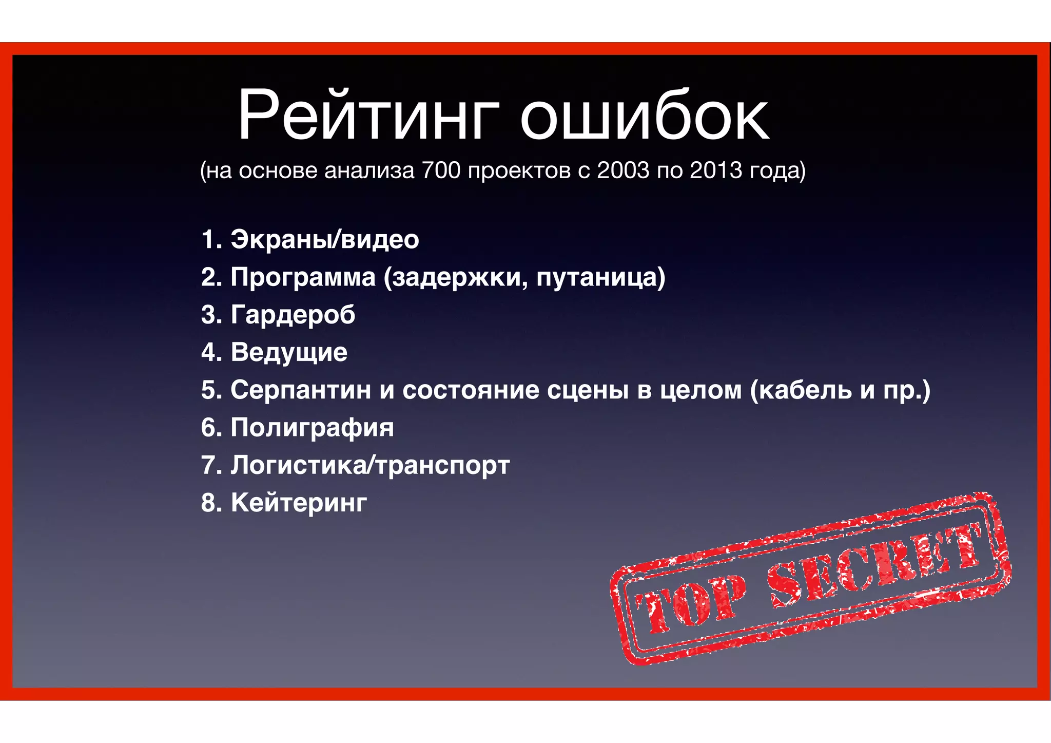 Рейтинг ошибок
(на основе анализа 700 проектов с 2003 по 2013 года)
!
!
1. Экраны/видео 8
!
2. Программа (задержки, путаница)!
!
3. Гардероб !
!
4. Ведущие8
!
5. Серпантин и состояние сцены в целом (кабель и пр.)8
!
6. Полиграфия 8
!
7. Логистика/транспорт !
!
8. Кейтеринг !
 