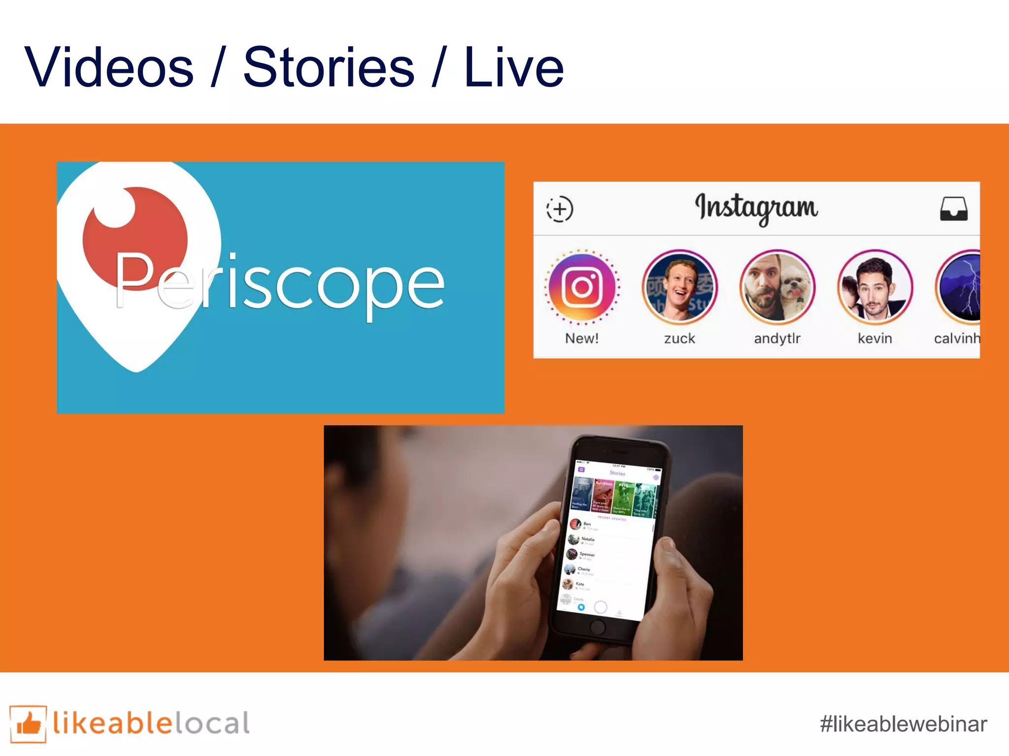 Videos / Stories / Live
#likeablewebinar
 