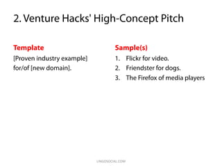 2. Venture Hacks' High-Concept Pitch
Template
[Proven industry example]
for/of [new domain].
Sample(s)
1.  Flickr for vide...