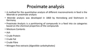 Proximate analysis
• A method for the quantitative analysis of different macronutrients in feed is the
Weende or proximate analysis
• Weende analysis was developed in 1860 by Henneberg and Stohmann in
Germany.
• Proximate Analysis is a partitioning of compounds in a feed into six categories
based on the chemical properties of the compounds
• Moisture Contents
• Ash
• Crude Protein
• Crude Fat
• Crude Fibre
• Nitrogen-free extracts (digestible carbohydrates)
 