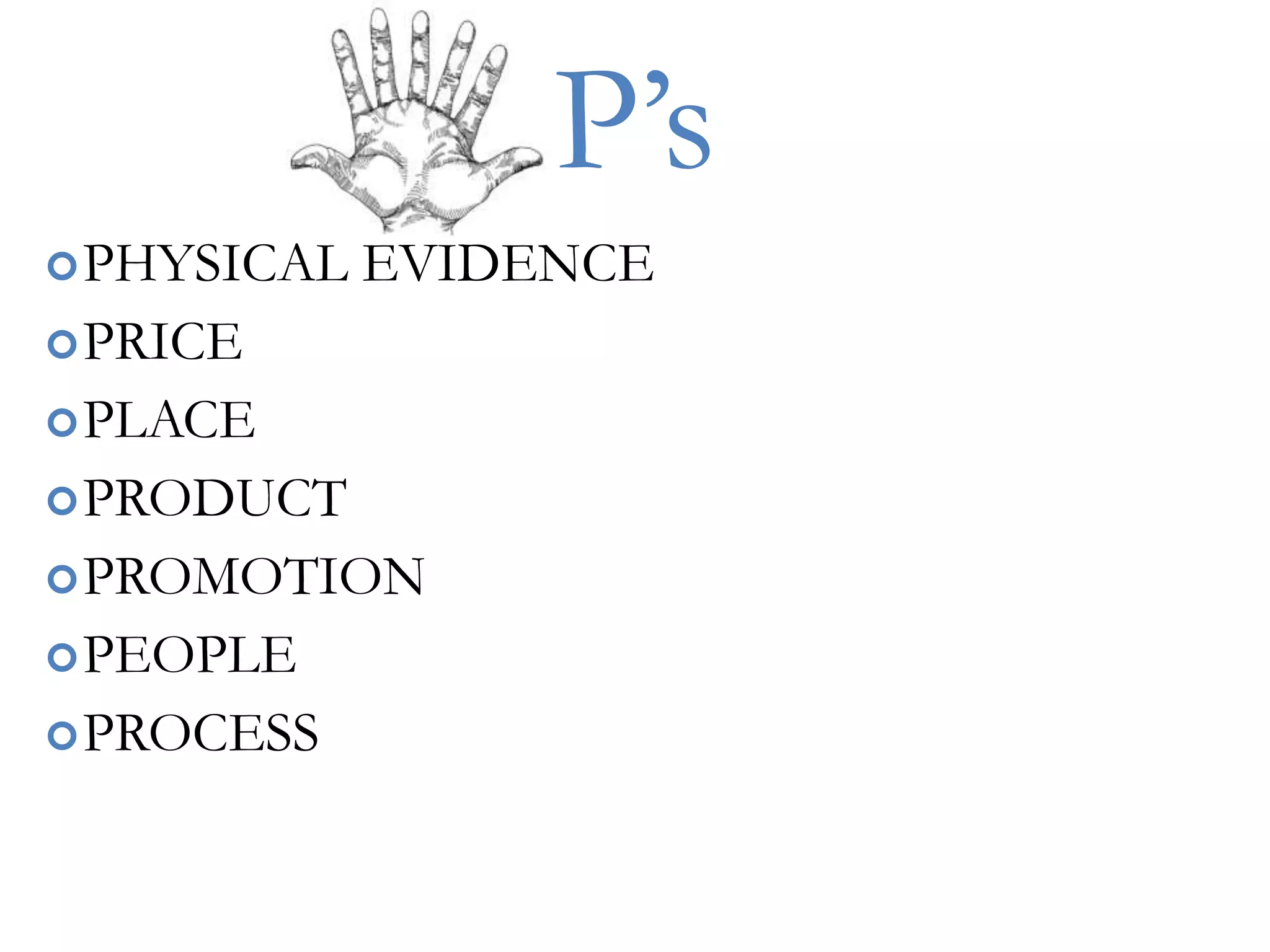 P‟s
 PHYSICAL   EVIDENCE
 PRICE
 PLACE
 PRODUCT
 PROMOTION
 PEOPLE
 PROCESS
 