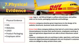 • Logo -logo is red DHLwritingon a yellow-colored-base, and yellow
color on its trucks, packaging materials and buildings.
• Websites-company attaches great importance to the design of its
website, brochures, business cards and even invoices. .
• Dress Code-Since company believes that lack of a strict dress code for
theseemployees increase their performance, employees working at
internal operations deparments are able to dress inbusiness casual
style.
• However, employees who are working at sales, opertions, and human
resources departmentsand employees who are involved in customer
visits are obliged to obey written dress code.
7.Physical
Evidence
 