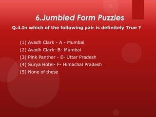 Q.4.In which of the following pair is definitely True ?
(1) Avadh Clark - A - Mumbai
(2) Avadh Clark- B- Mumbai
(3) Pink Panther - E- Uttar Pradesh
(4) Surya Hotel- F- Himachal Pradesh
(5) None of these

 