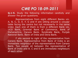 Q.1-5. Study the following information carefully and
answer !he given questions.
Representatives from eight different Banks viz.
A, B, C, D, E. F, G and H are sitting around a circular
table facing the centre but not necessarily in the same
order. Each one of them is from a different Bank viz.
UCO Bank, Oriental Bank of Commerce, Bank of
Maharashtra, Canara Bank. Syndicate Bank, Punjab
National Bank. Bank of India and Dena Bank.
F sits second to right of the representative from
Canara Bank. Representative from Bank of India is an
immediate neighbour of the representative from Canara
Bank. Two people sit between the representative of
Bank of India and B. C and E are immediate neighbours
of each other.

 
