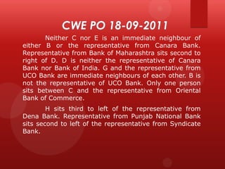 Neither C nor E is an immediate neighbour of
either B or the representative from Canara Bank.
Representative from Bank of Maharashtra sits second to
right of D. D is neither the representative of Canara
Bank nor Bank of India. G and the representative from
UCO Bank are immediate neighbours of each other. B is
not the representative of UCO Bank. Only one person
sits between C and the representative from Oriental
Bank of Commerce.
H sits third to left of the representative from
Dena Bank. Representative from Punjab National Bank
sits second to left of the representative from Syndicate
Bank.

 