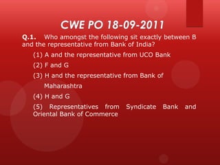 Q.1. Who amongst the following sit exactly between B
and the representative from Bank of India?
(1) A and the representative from UCO Bank
(2) F and G
(3) H and the representative from Bank of
Maharashtra
(4) H and G
(5) Representatives from
Oriental Bank of Commerce

Syndicate

Bank

and

 