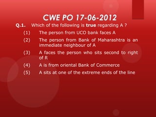 Q.1.

Which of the following is true regarding A ?

(1)

The person from UCO bank faces A

(2)

The person from Bank of Maharashtra is an
immediate neighbour of A

(3)

A faces the person who sits second to right
of R

(4)

A is from oriental Bank of Commerce

(5)

A sits at one of the extreme ends of the line

 