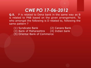 Q.5. P is related to Dena bank in the same way as B
is related to PNB based on the given arrangement. To
who amongst the following is D related to, following the
same pattern ?
(1) Syndicate Bank
(2) Canara Bank
(3) Bank of Maharashtra
(4) Indian bank
(5) Oriental Bank of Commerce

 