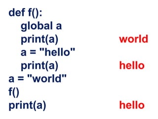 def f():
global a
print(a) world
a = "hello"
print(a) hello
a = "world"
f()
print(a) hello
 