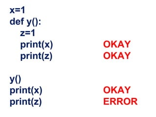 x=1
def y():
z=1
print(x) OKAY
print(z) OKAY
y()
print(x) OKAY
print(z) ERROR
 