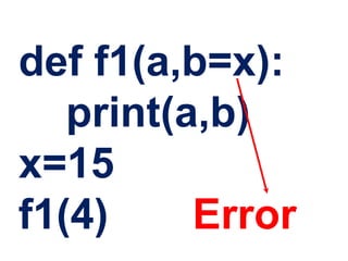 def f1(a,b=x):
print(a,b)
x=15
f1(4) Error
 