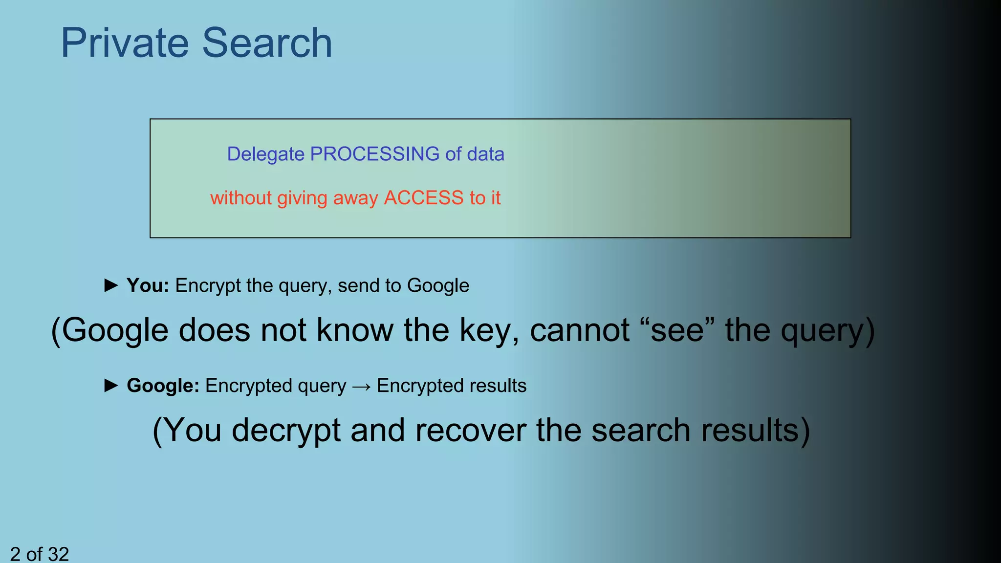 Private Search
Delegate PROCESSING of data
without giving away ACCESS to it
► You: Encrypt the query, send to Google
(Google does not know the key, cannot “see” the query)
► Google: Encrypted query → Encrypted results
(You decrypt and recover the search results)
2 of 32