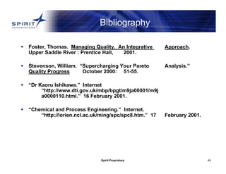 Spirit Proprietary 40
Bibliography
 Foster, Thomas. Managing Quality. An Integrative Approach.
Upper Saddle River : Prentice Hall, 2001.
 Stevenson, William. “Supercharging Your Pareto Analysis.”
Quality Progress October 2000: 51-55.
 “Dr Kaoru Ishikawa.” Internet
“http://www.dti.gov.uk/mbp/bpgt/m9ja00001/m9j
a0000110.html.” 16 February 2001.
 “Chemical and Process Engineering.” Internet.
“http://lorien.ncl.ac.uk/ming/spc/spc8.htm.” 17 February 2001.
 
