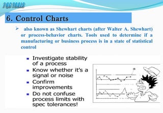 6. Control Charts6. Control Charts
   also known as Shewhart charts (after Walter A. Shewhart)
or process-behavior charts. Tools used to determine if a
manufacturing or business process is in a state of statistical
control
 