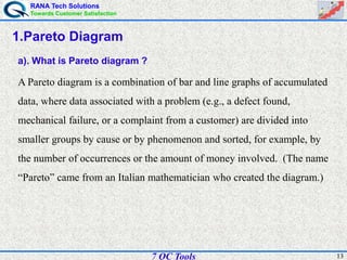 RANA Tech Solutions
Towards Customer Satisfaction
137 QC Tools
1.Pareto Diagram
a). What is Pareto diagram ?
A Pareto diagram is a combination of bar and line graphs of accumulated
data, where data associated with a problem (e.g., a defect found,
mechanical failure, or a complaint from a customer) are divided into
smaller groups by cause or by phenomenon and sorted, for example, by
the number of occurrences or the amount of money involved. (The name
“Pareto” came from an Italian mathematician who created the diagram.)
 