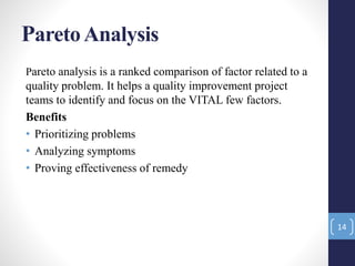 ParetoAnalysis
14
Pareto analysis is a ranked comparison of factor related to a
quality problem. It helps a quality improvement project
teams to identify and focus on the VITAL few factors.
Benefits
• Prioritizing problems
• Analyzing symptoms
• Proving effectiveness of remedy
 