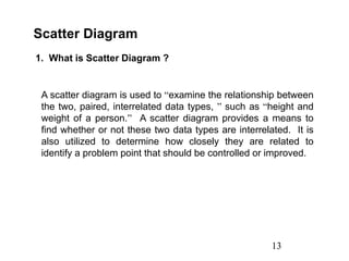 13
Scatter Diagram
1. What is Scatter Diagram ?
A scatter diagram is used to “examine the relationship between
the two, paired, interrelated data types, ” such as “height and
weight of a person.” A scatter diagram provides a means to
find whether or not these two data types are interrelated. It is
also utilized to determine how closely they are related to
identify a problem point that should be controlled or improved.
 