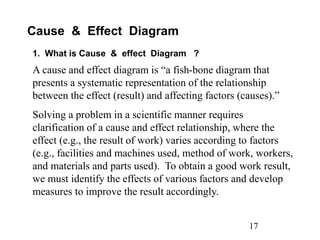 17
Cause & Effect Diagram
1. What is Cause & effect Diagram ?
A cause and effect diagram is “a fish-bone diagram that
presents a systematic representation of the relationship
between the effect (result) and affecting factors (causes).”
Solving a problem in a scientific manner requires
clarification of a cause and effect relationship, where the
effect (e.g., the result of work) varies according to factors
(e.g., facilities and machines used, method of work, workers,
and materials and parts used). To obtain a good work result,
we must identify the effects of various factors and develop
measures to improve the result accordingly.
 