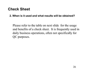 26
Check Sheet
2. When is it used and what results will be obtained?
Please refer to the table on next slide for the usage
and benefits of a check sheet. It is frequently used in
daily business operations, often not specifically for
QC purposes.
 