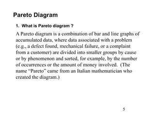 5
Pareto Diagram
1. What is Pareto diagram ?
A Pareto diagram is a combination of bar and line graphs of
accumulated data, where data associated with a problem
(e.g., a defect found, mechanical failure, or a complaint
from a customer) are divided into smaller groups by cause
or by phenomenon and sorted, for example, by the number
of occurrences or the amount of money involved. (The
name “Pareto” came from an Italian mathematician who
created the diagram.)
 