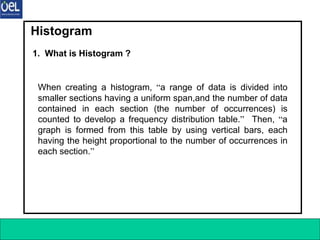 7 Q C Tools 21
Histogram
1. What is Histogram ?
When creating a histogram, “a range of data is divided into
smaller sections having a uniform span,and the number of data
contained in each section (the number of occurrences) is
counted to develop a frequency distribution table.” Then, “a
graph is formed from this table by using vertical bars, each
having the height proportional to the number of occurrences in
each section.”
 