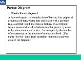 7 Q C Tools 4
Pareto Diagram
1. What is Pareto diagram ?
A Pareto diagram is a combination of bar and line graphs of
accumulated data, where data associated with a problem
(e.g., a defect found, mechanical failure, or a complaint
from a customer) are divided into smaller groups by cause
or by phenomenon and sorted, for example, by the number
of occurrences or the amount of money involved. (The
name “Pareto” came from an Italian mathematician who
created the diagram.)
 