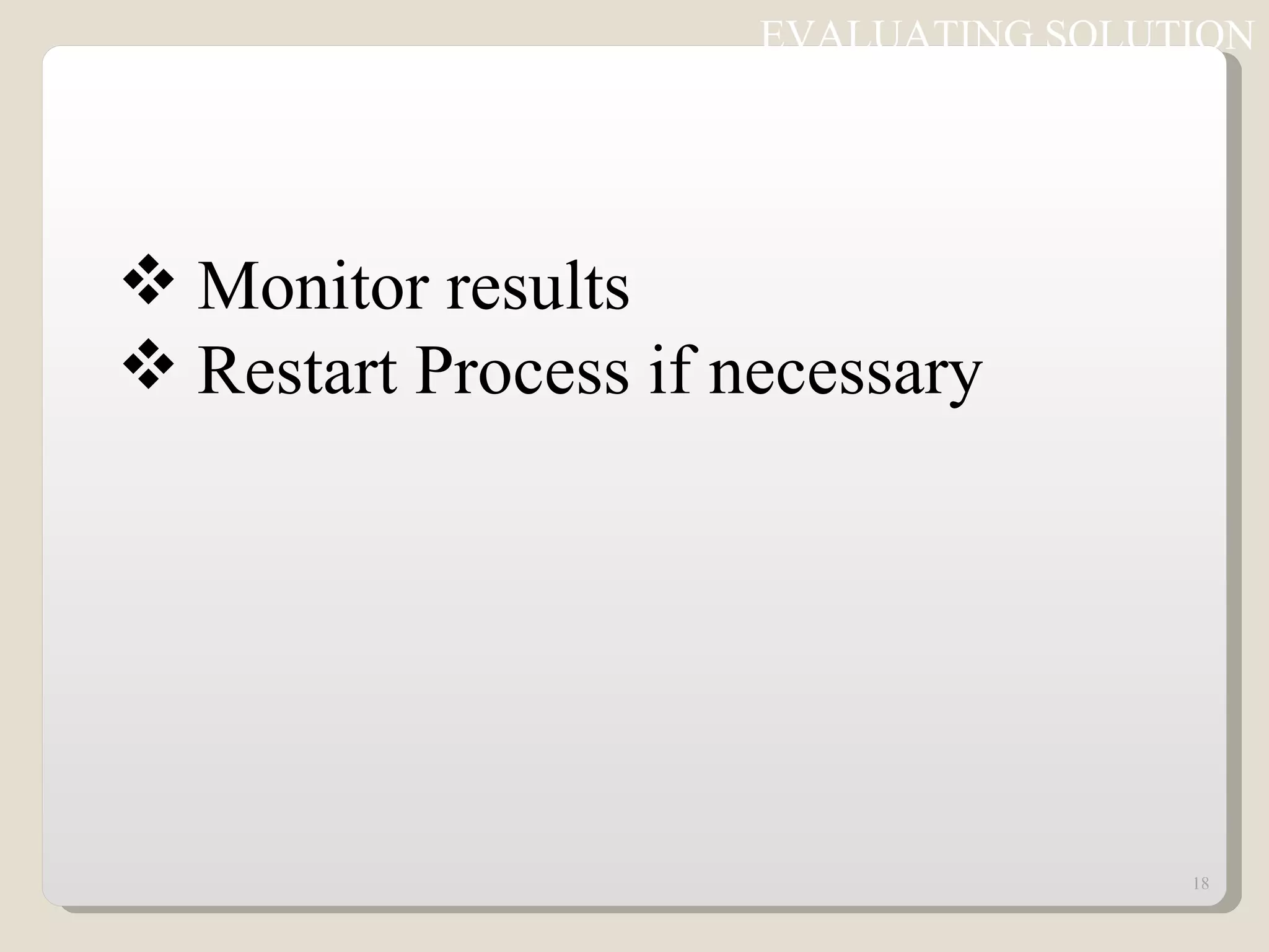 EVALUATING SOLUTION Monitor results Restart Process if necessary 