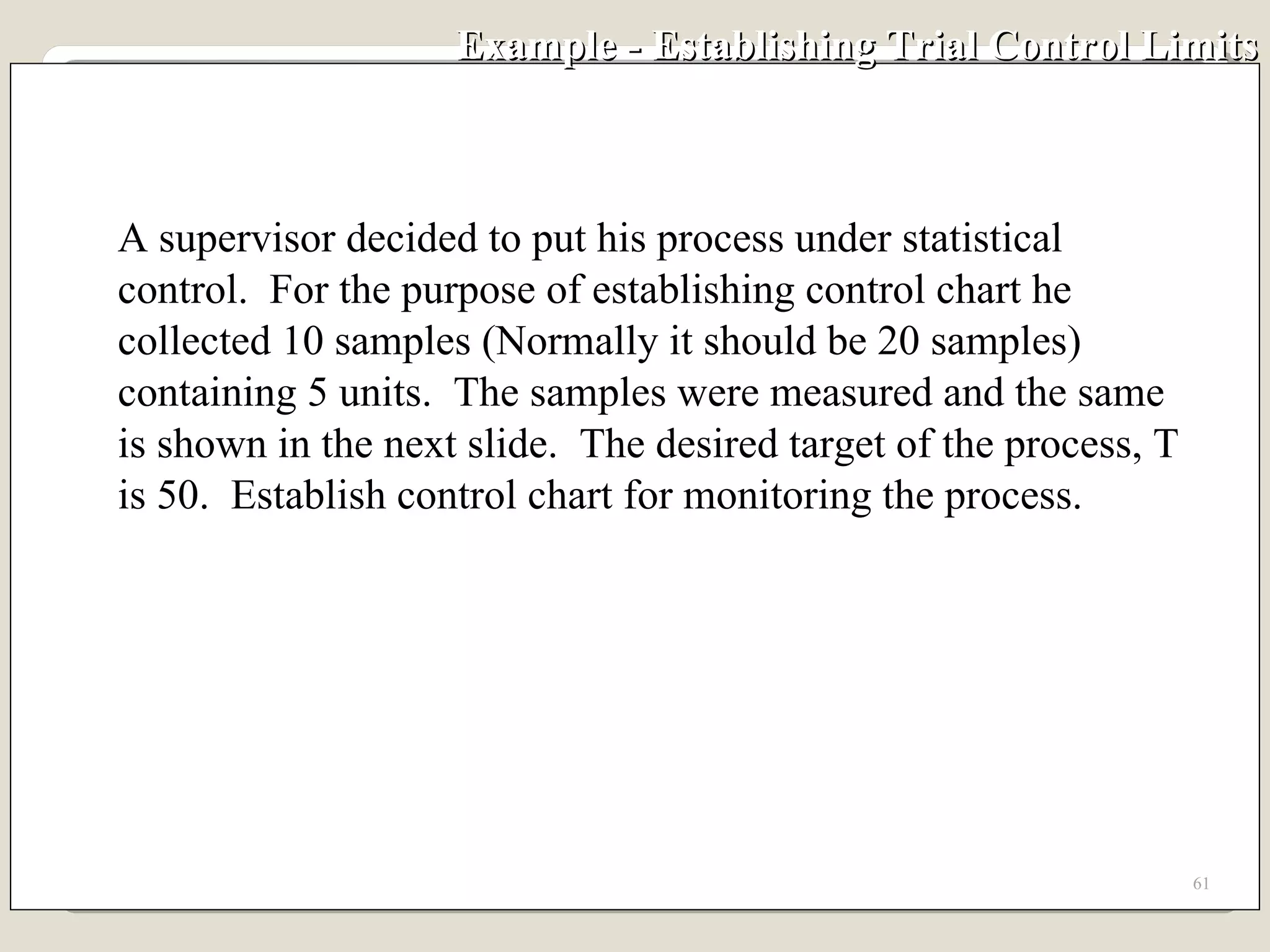 Example - Establishing Trial Control Limits A supervisor decided to put his process under statistical control.  For the purpose of establishing control chart he collected 10 samples (Normally it should be 20 samples)  containing 5 units.  The samples were measured and the same is shown in the next slide.  The desired target of the process, T is 50.  Establish control chart for monitoring the process. 