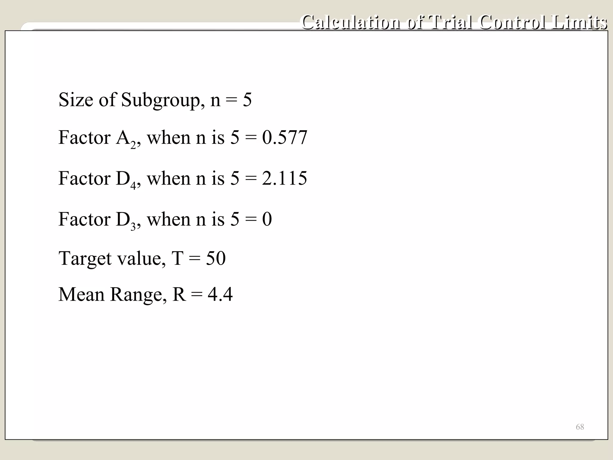 Calculation of Trial Control Limits Size of Subgroup, n = 5 Factor A 2 , when n is 5 = 0.577 Factor D 4 , when n is 5 = 2.115 Factor D 3 , when n is 5 = 0 Target value, T = 50 Mean Range, R = 4.4 