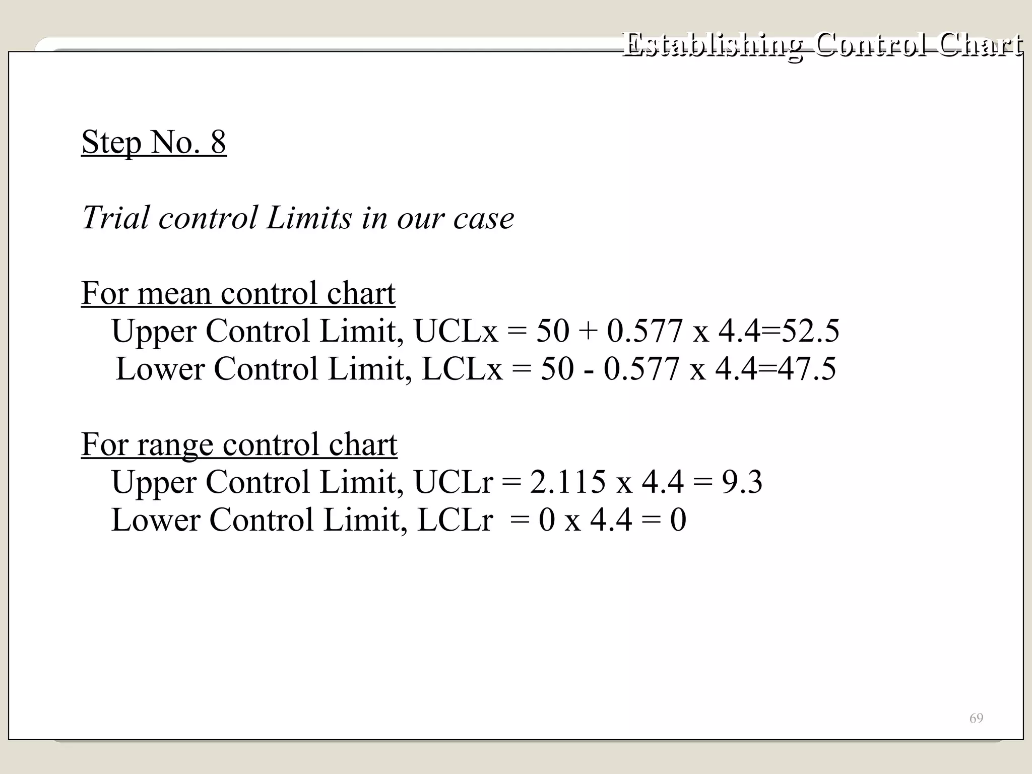 Establishing Control Chart Step No. 8 Trial control Limits in our case For mean control chart Upper Control Limit, UCLx = 50 + 0.577 x 4.4=52.5 Lower Control Limit, LCLx = 50 - 0.577 x 4.4=47.5 For range control chart Upper Control Limit, UCLr = 2.115 x 4.4 = 9.3 Lower Control Limit, LCLr  = 0 x 4.4 = 0 