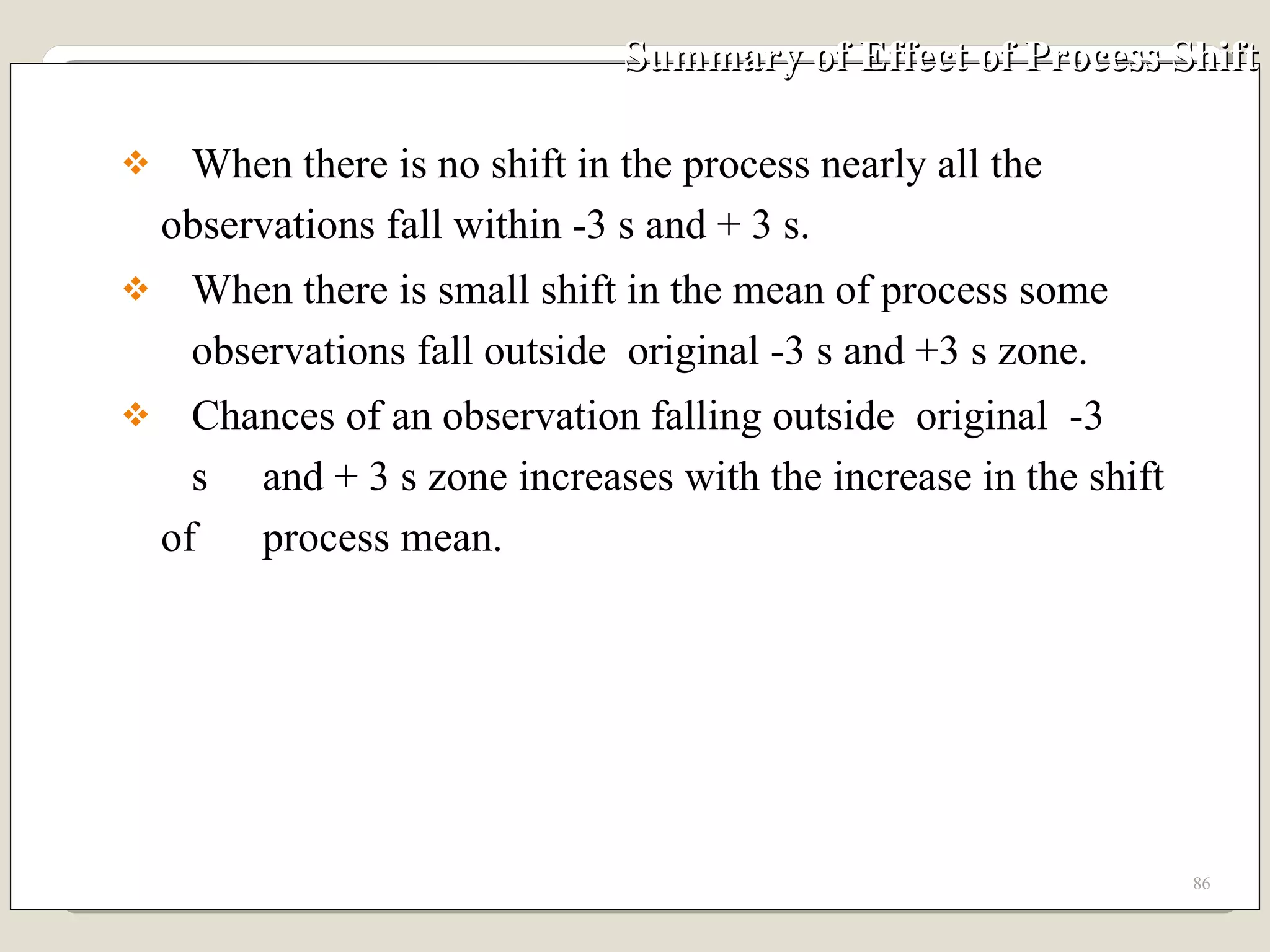 Summary of Effect of Process Shift When there is no shift in the process nearly all the  observations fall within -3 s and + 3 s. When there is small shift in the mean of process some  observations fall outside  original -3 s and +3 s zone. Chances of an observation falling outside  original  -3  s  and + 3 s zone increases with the increase in the shift of  process mean. 