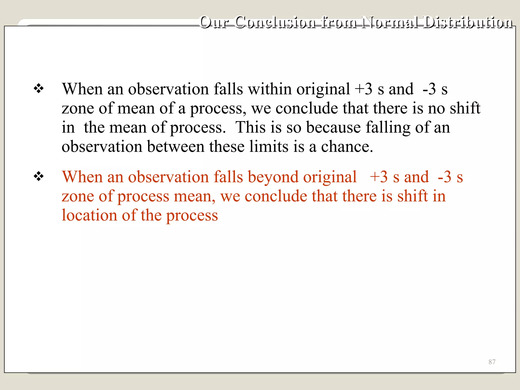 Our Conclusion from Normal Distribution When an observation falls within original +3 s and  -3 s  zone of mean of a process, we conclude that there is no shift  in  the mean of process.  This is so because falling of an  observation between these limits is a chance. When an observation falls beyond original  +3 s and  -3 s  zone of process mean, we conclude that there is shift in  location of the process 
